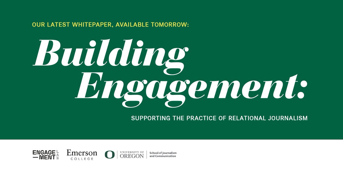 EngageLab's tweet photo. Big news!!
Today, we're excited to announce a new whitepaper & evaluative tool that helps journalists & news orgs rebuild trust and improve their work by engaging with communities.
Introducing โจ #BuildingEngagement! โจ
This project launches tomorrow, available for free. ๐ธ https://t.co/1eMH55DtoO