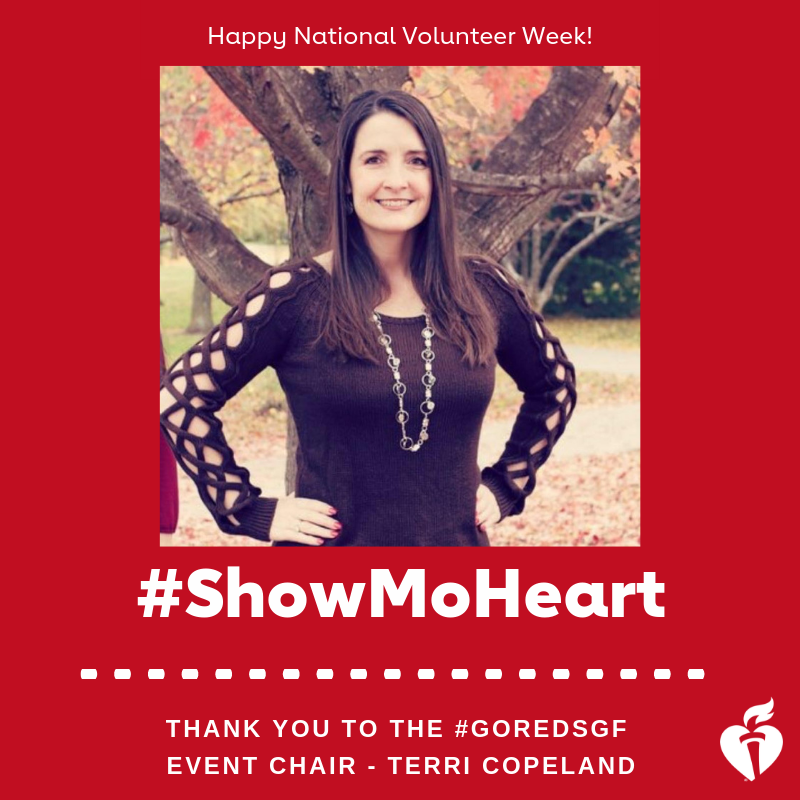 AHAMissouri's tweet photo. Terri's a triple-threat - volunteering at #HeartWalkSGF, #HeartBallSGF and chairing the #GoRedSGF! Whew....we don't know where she finds the energy, but we're sure glad she does! We are celebrating Terri during #NationalVolunteerWeek! https://t.co/awzCxoTeKd