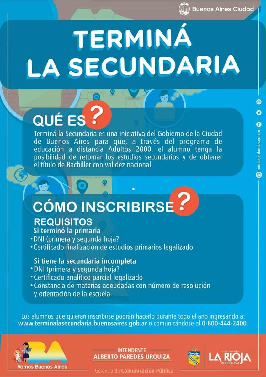 modernizacionlr's tweet photo. COORDINACIÓN DE #ADULTOS2000 CONTINÚA CON INSCRIPCIÓNES POR TERMINALIDAD EDUCATIVA.
Podes acercarte por #VentanillasÚnicasdeTerminalidad ubicadas en los CEPARes Norte, Sur, Este y Oeste, @IMAP_LR y en las Oficinas de Empleo, o enviarnos MD para asesorarte. #AlbertoParedesUrquiza https://t.co/mS4CQ1nXzI