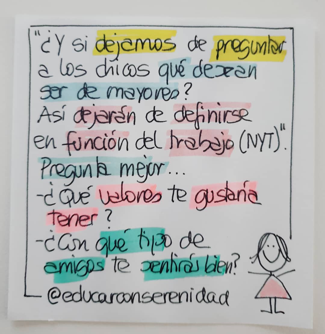 educarserenidad's tweet photo. ¿Y si dejamos de preguntar a niños y adolescentes qué desean ser de mayores? Este tipo de preguntas les lleva a definirse en función de su trabajo.
Igual sería más adecuado preguntarles por los valores que les ayudan a ser mejores personas. https://t.co/Q8bnA6uZmh
