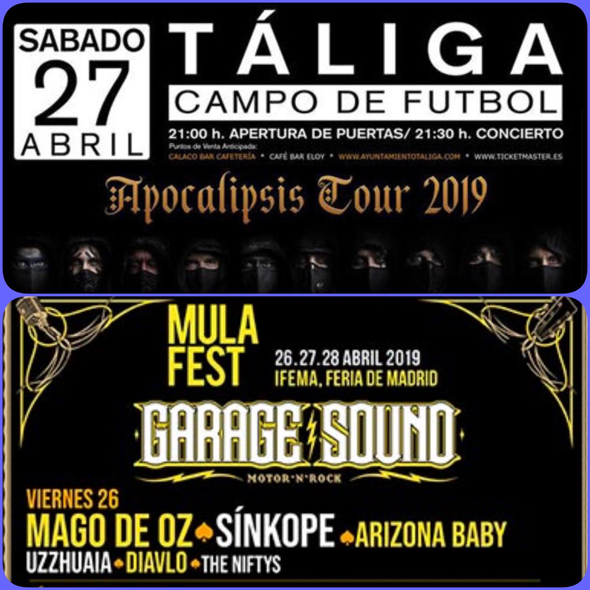 Bajosintrastos's tweet photo. El finde comienza ya mismo! #ApocalipsisTour @MAGODEOZOFIC @JaviDiez16 @Patriciakhy @ZetaMDOzOficial @Guitarlitos @mulafest #taliga #IraDei https://t.co/a0ktTuzSQt