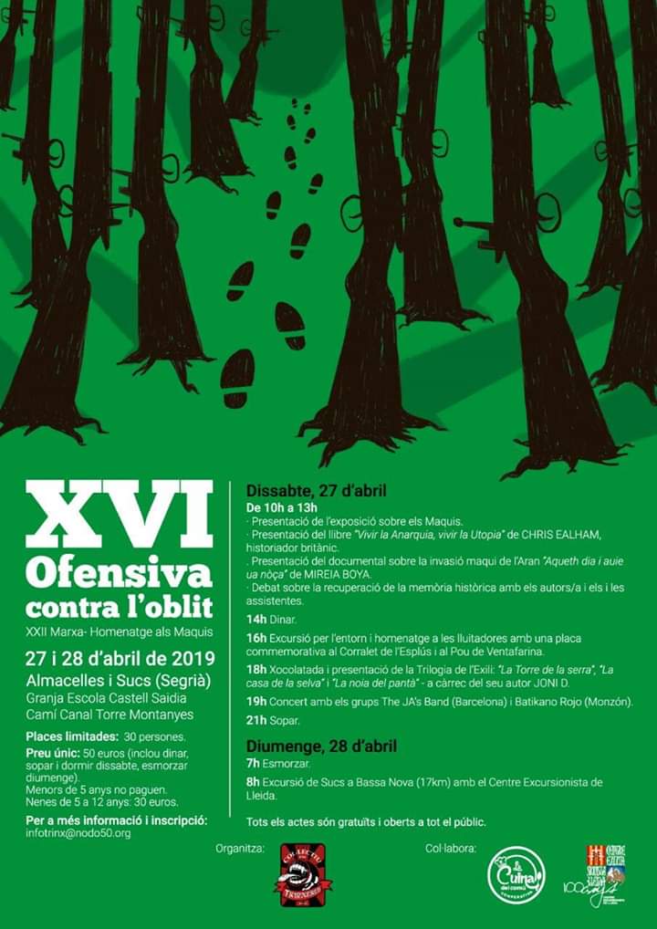 💥 Ara sí que ja ho tenim aquí! Amb <a href="/Alestrinxeres/">A les Trinxeres</a>
📍 Aquest cap de setmana, 27-28 d’abril 2019, es celebrarà la XVI OFENSIVA CONTRA L’OBLIT, dins la XXII MARXA-HOMENATGE ALS MAQUIS.