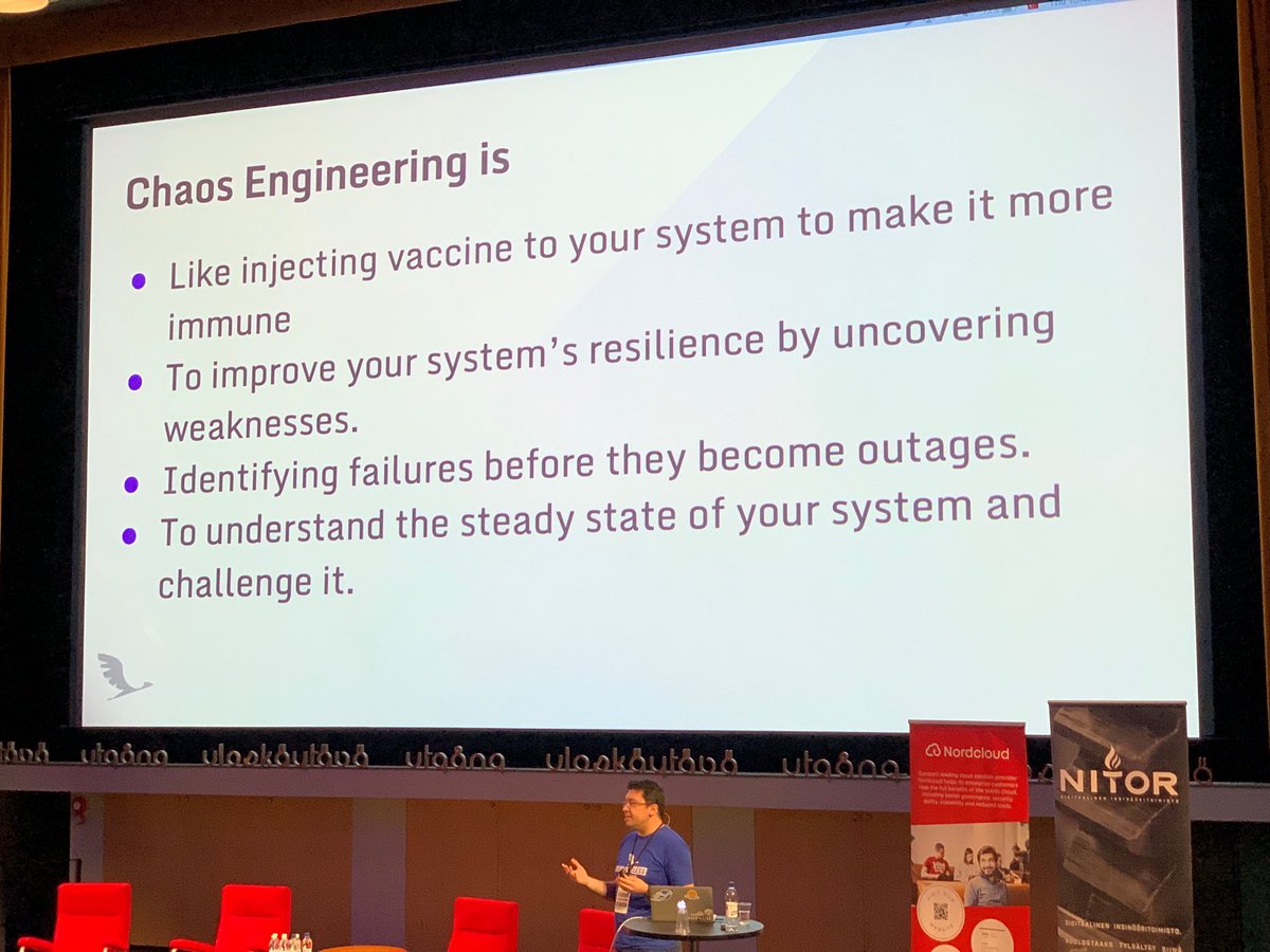 toni_tapper's tweet photo. Learning about Chaos Engineering at #ServerlessDaysHEL. Comparison to vaccine feels quite relevant. https://t.co/1kdlnYR3S5