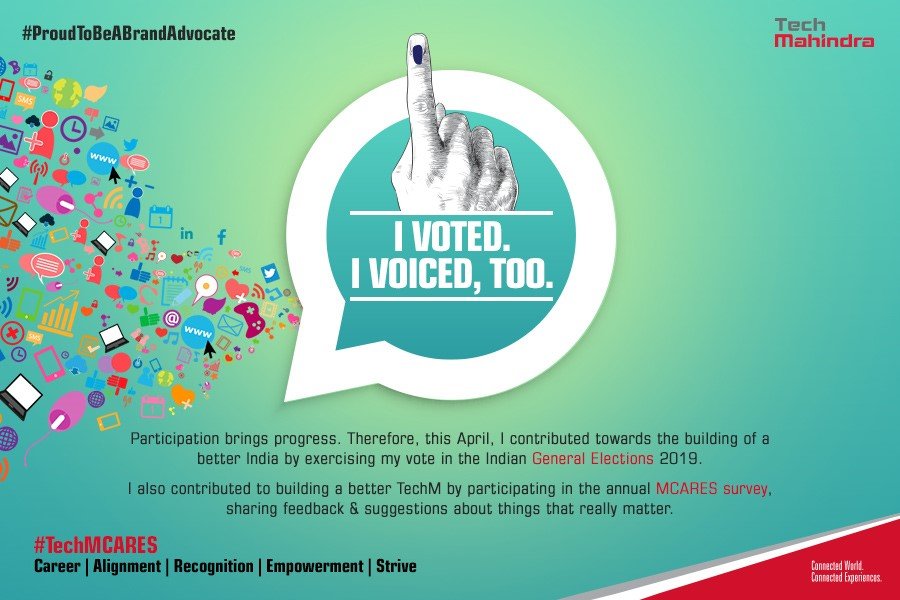 Shanmugasundarz's tweet photo. Participation brings progress. Therefore, exercised #myvote in the #GeneralElections2019
I also contributed to building a better @tech_mahindra by participating in the annual MCARES #survey
#ProudToBeABrandAdvocate #TechMCARES #Rise @vrindapisharody @Harsh_Soin @iamnkarthik https://t.co/gNIyF2i4nt
