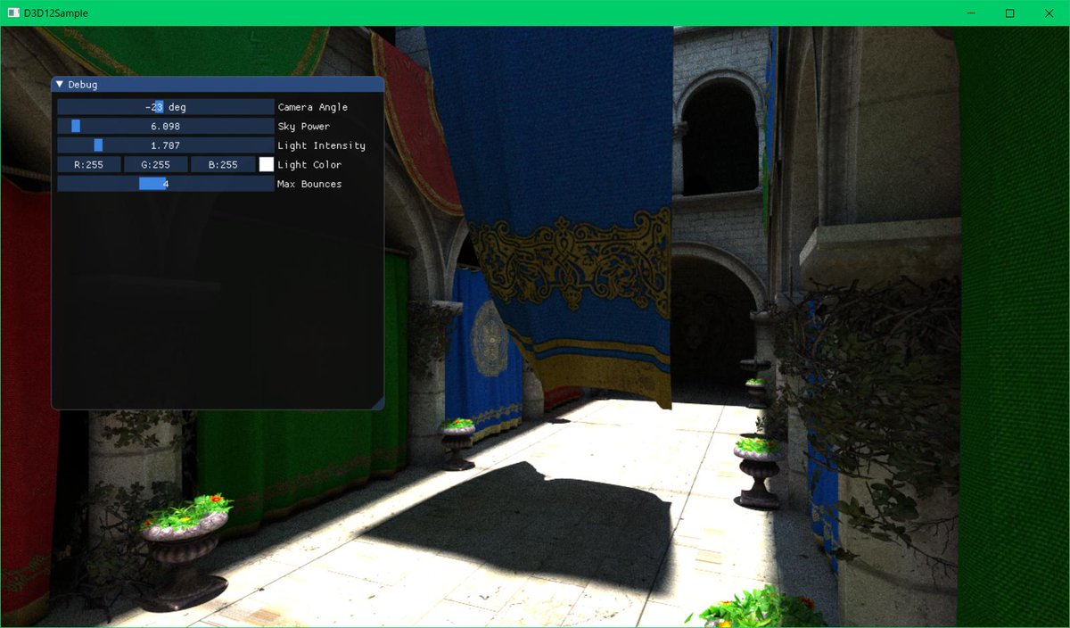 monsho1977's tweet photo. AnyHitShaderも使ってMaskedも対応。RayGenShaderでレイのバウンス回数をループするようにしたおかげでバウンス回数を動的に変更することも可能になった。#DirectXRaytracing https://t.co/X1KfBex2B6