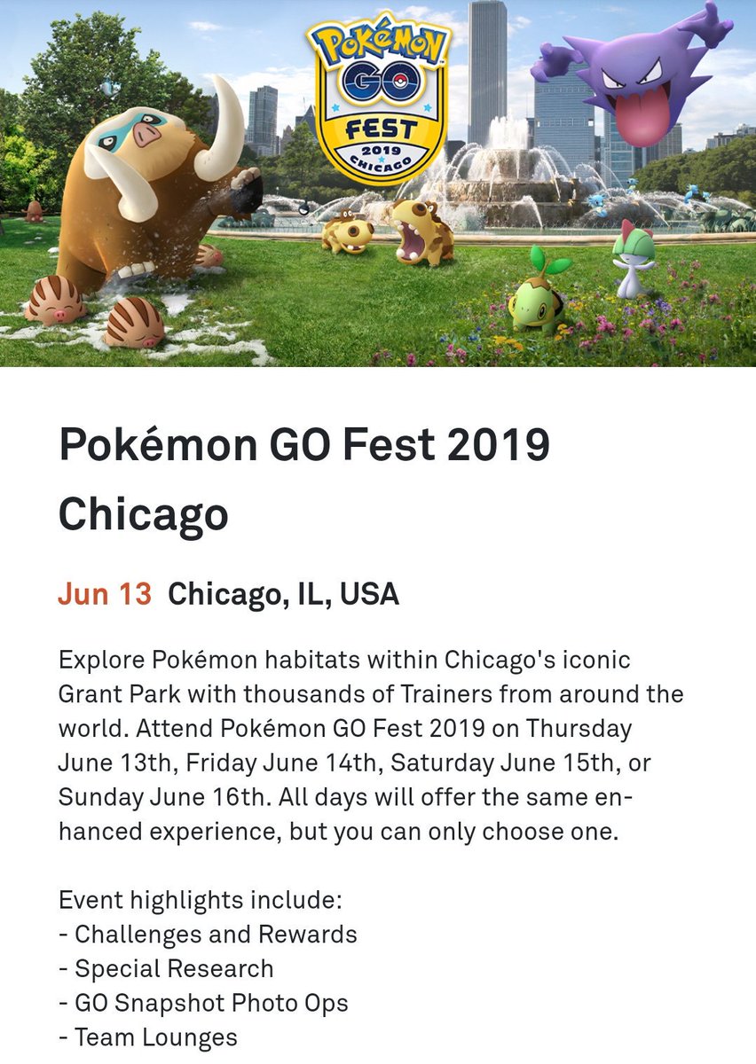 I am selling 4 #pokemongo go fest 2019 #chicago #tickets now,  dm me your price and preferences.  You may also have my email and game accounts if you doubt they will be required.  My deadline of purchasing:  apr26, 18:00
Hurry! #gofest #pokemon