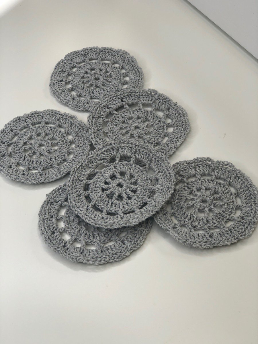 Set Gray round Knitted coasters gift for cups. Glass crochet placemat knitted napkin pottery barn placemats #coasterstablemat ecraftclub.com/set-knitted-co…