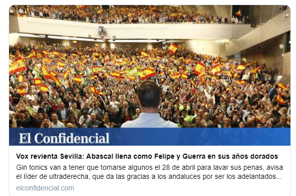 ldpsincomplejos's tweet photo. IZQUIERDA: Mitin de Santi Abascal en Sevilla en 2015
DERECHA: Mitin de Santi Abascal en Sevilla ayer

"No hay nada más poderoso que una idea a la que le ha llegado su tiempo"
Gustave Aimard
(no, la cita no es de Víctor Hugo, como suele decirse) https://t.co/UrPzPb89sy