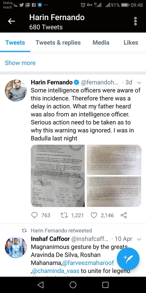 LankaCyberNews's tweet photo. @fernandoharin came back after his controversial tweet to defend @AzzamAmeen, after intell doc tweet this is the first time he tweeted #lka #SriLanka #SriLankaAttacks https://t.co/WxHSxdTCtL