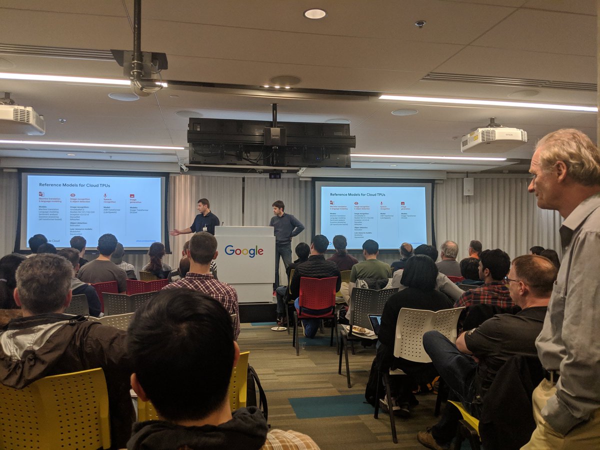 margaretmz's tweet photo. Great talk "Fast and Lean Data Science with #TPUs" by @martin_gorner and @spirinus" at #GoogleAIHuddle meetup tonight. Thanks Andrew and Jana for hosting. #TensorFlow @googlecloud https://t.co/xrJ7dTB4TX