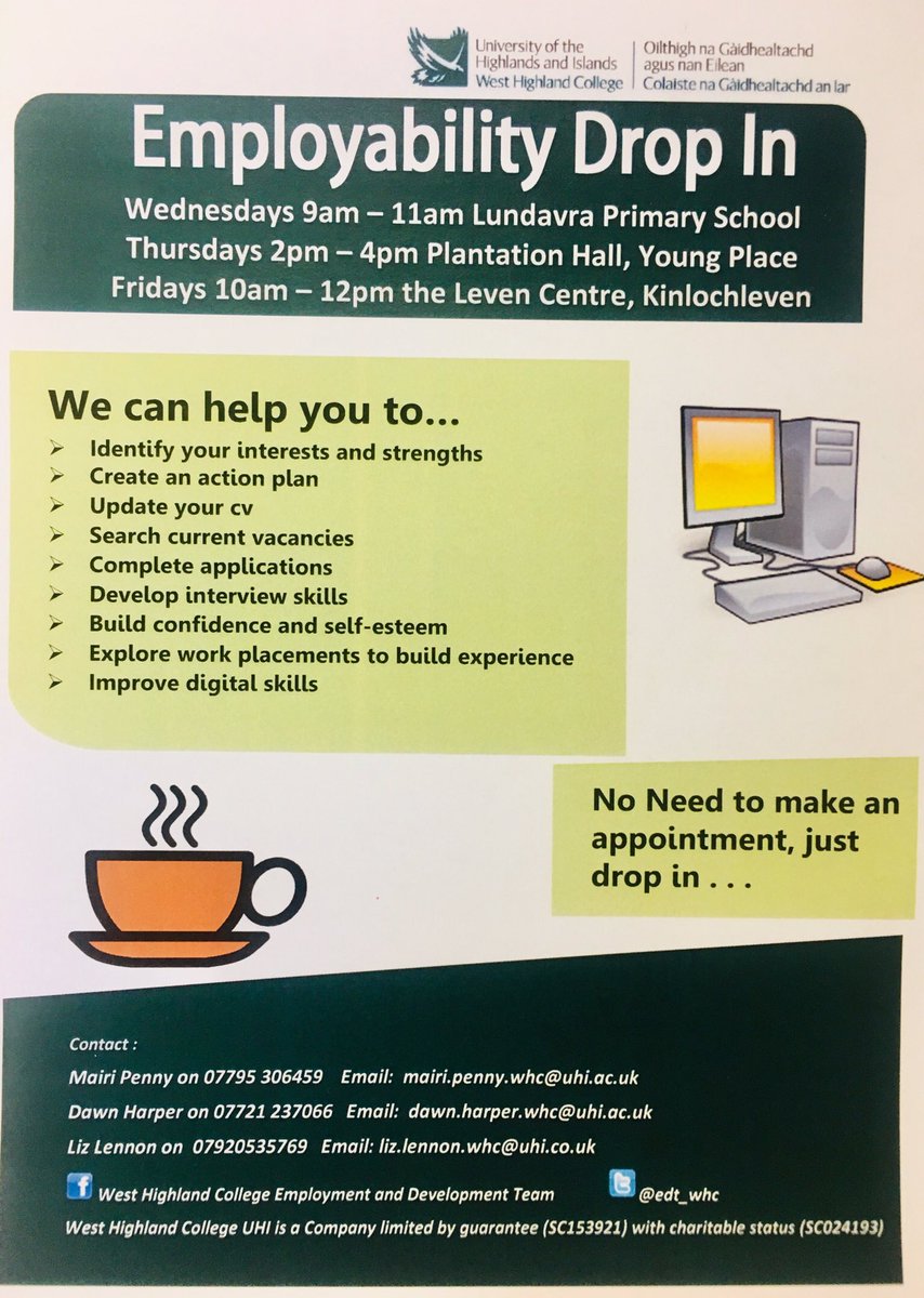 EDT_WHC's tweet photo. **New location** 
Lundavra Primary School 
Wednesday 9am-11am 

Plantation Hall 
Thursday 2pm-4pm

Leven Centre 
Friday 10am-12pm @WHC_UHI @JCPinWestScot @DYWWestHighland @HighlandCouncil @hlhsocial @HLHYouthWork https://t.co/vfAxXZwzCf