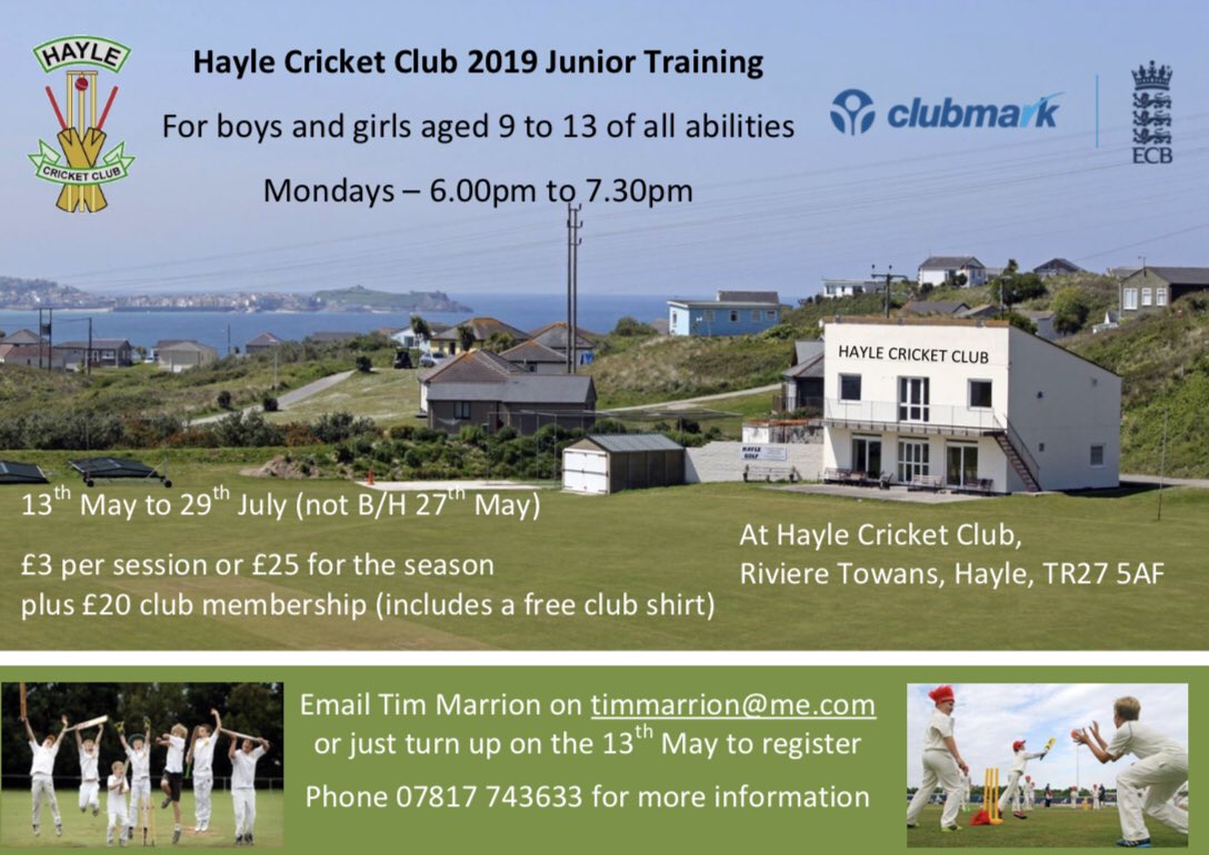Get your juniors down to the towns this summer with <a href="/allstarscricket/">All Stars Cricket</a> on a Saturday morning and junior training on a Monday nights! 🏏☀️
<a href="/PrimaryTimesCor/">PrimaryTimesCornwall</a> <a href="/ConnorD_Academy/">Connor Downs Academy</a> <a href="/LeedstownS/">Leedstown School</a> <a href="/hayleacademy/">Hayle Academy</a> <a href="/Hayle_PE/">Hayle_PE</a> <a href="/CornwallCricket/">Cornwall Cricket</a> <a href="/TMarrion/">Tim Marrion</a>