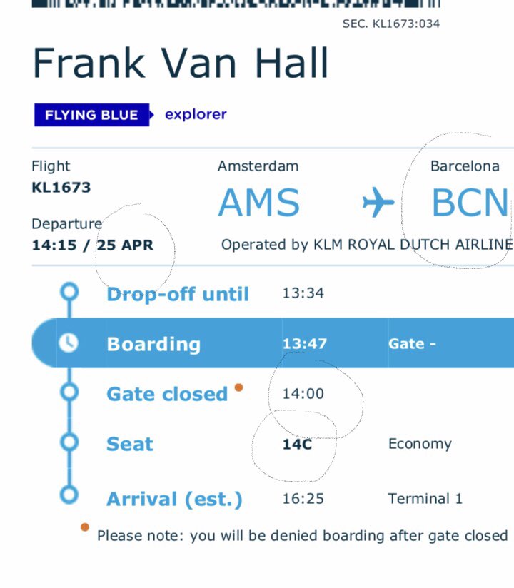 Today, April 25th (birthday <a href="/JohanCruyff/">Johan Cruyff</a> ), off to Barcelona to see <a href="/FCBarcelona/">FC Barcelona</a> on Saturday! Seat 14c. Gate closed at 14h. Logisch.