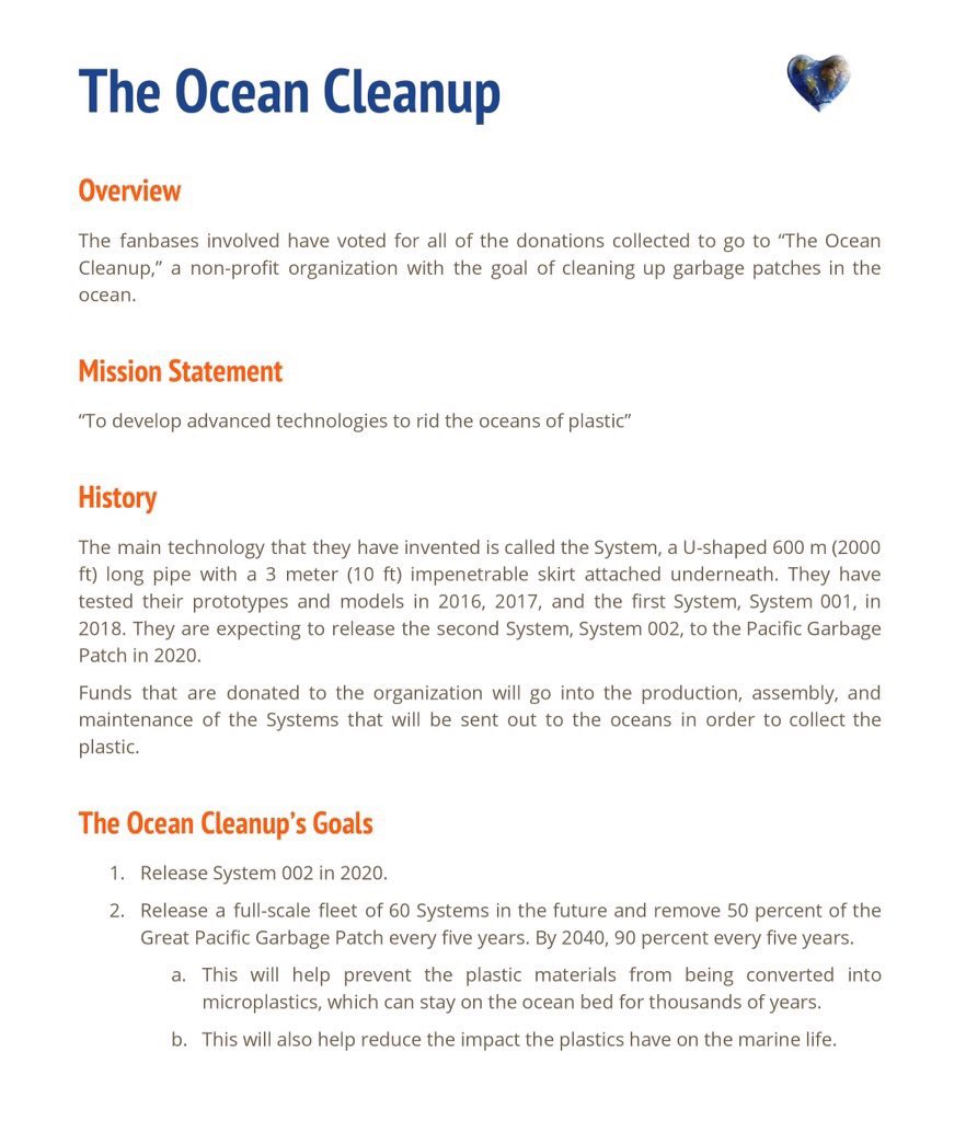 FortheEarth_'s tweet photo. Hello, and thank you for your patience! The fanbases involved have come to a majority decision in the vote. All of the donations that will be collected will go to “The Ocean Cleanup”. The projected timeline for the donation project to be launched is this July (subject to change). https://t.co/OxdmbXbSVN