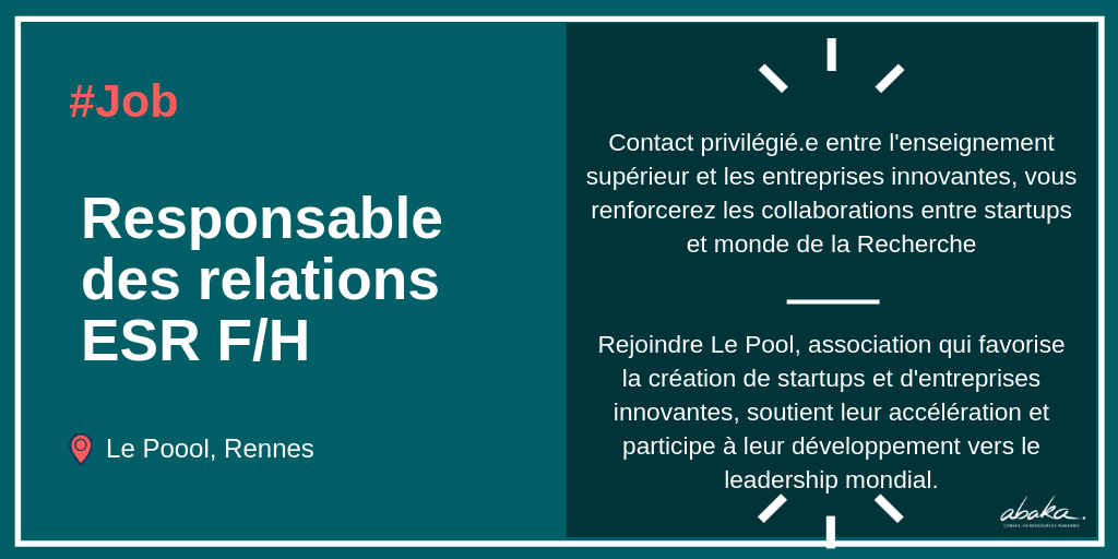 AbakaConseil's tweet photo. #Job #Rennes | #LePoool recrute un.e Responsable des relations Enseignement Supérieur et Recherche pour créer et renforcer les collaborations entre #startups et monde de la Recherche.

+ d'infos ici :  https://t.co/7vaP2W07ZH cc @LaFTRSM @StanHintzy
#deeptech https://t.co/vijdbSbh6p