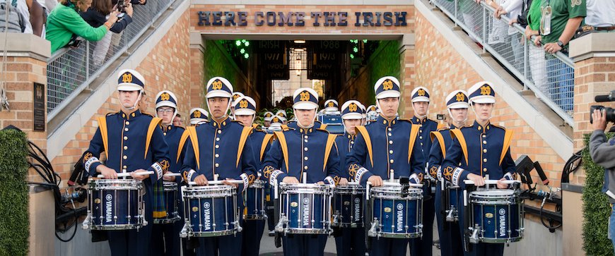 The oldest College Marching band in continual existence is The University of Notre Dame Fighting Irish Band, founded in 1845 and has been playing ever since.

(Photo courtesy of ndband.com)