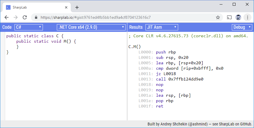 SharpLab opened in .NET Core mode with JitAsm output