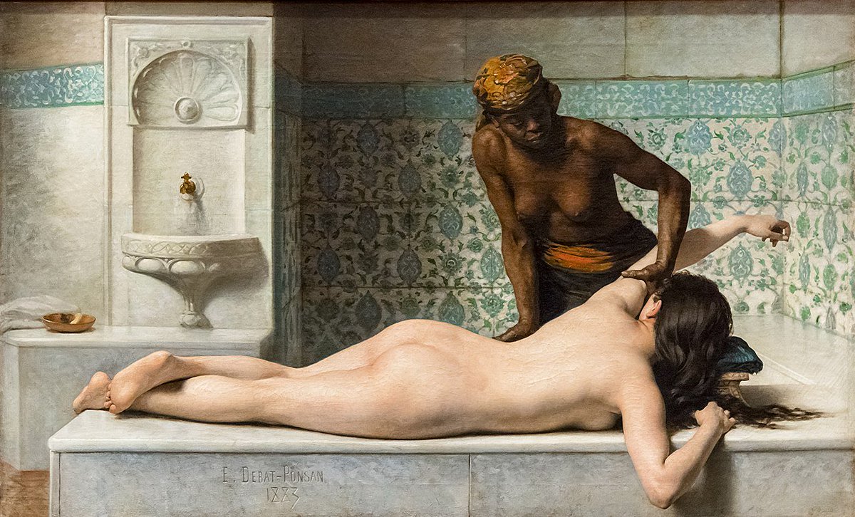 #Arte - Il #25aprile 1847 nasceva il pittore francese #ÉdouardDebatPonsan
🖼 Édouard Debat-Ponsan -  Il massaggio. Scena all'hammam, 1883. Olio su tela: 127 cm × 210 cm