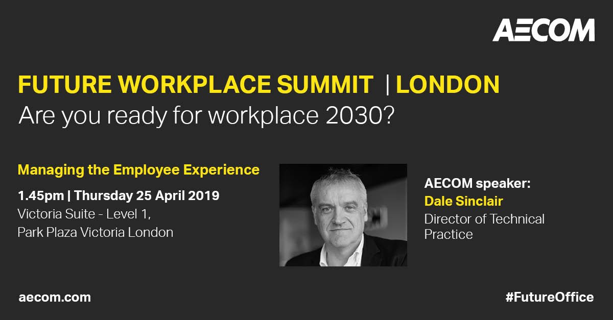 AECOMBuildPlace's tweet photo. Break out of the confines of a traditional cubicle, join @dale_sinclair today exploring how digitizing the workplace is creating new opportunities for the next-generation of #workplace design at @ISG_News #FutureWorkplaceSummit #London. Read more: https://t.co/grhmlm33nX https://t.co/J707dNvAzu