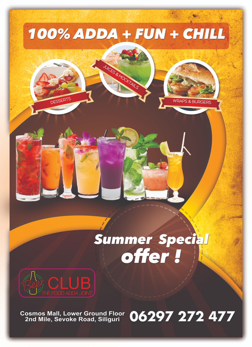 _BeerClub's tweet photo. #BeerClub - The Best #AddaJoint In #Siliguri 

Grab Our 'Summer Special #Offer' &amp; Enjoy Your Adda With Delicious #Food &amp; Mouthwatering #Mocktails. "100% Adda + Fun + Chill"

To Experience Good Time, Visit Us @ #CosmosMall Now!!

#AddaCafeInSiliguri #CafeInSiliguri https://t.co/KEOIehMcVU