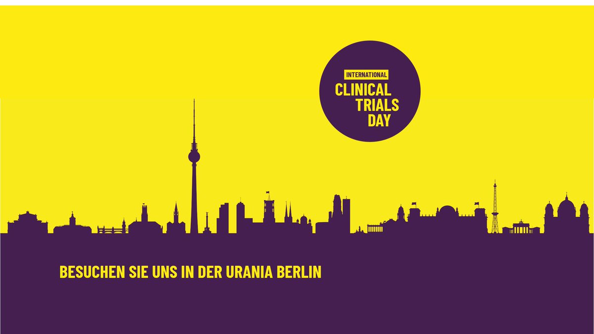 Skyline von Berlin in Lila mit gelben Himmel und dem Logo zum Internationalen Tag der klinischen Studien