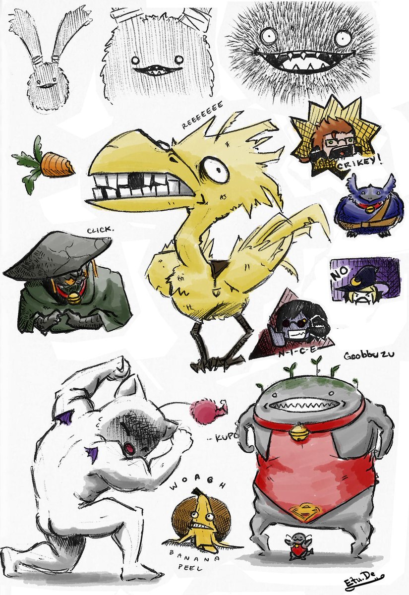 Etufeur's tweet photo. Sketches and quick colors from today \o/
#FF14 #FFXIV #FinalFantasyXIV #vath #namazu #goobbue #chocobo #spriggan #sketch https://t.co/HilyunSjPd