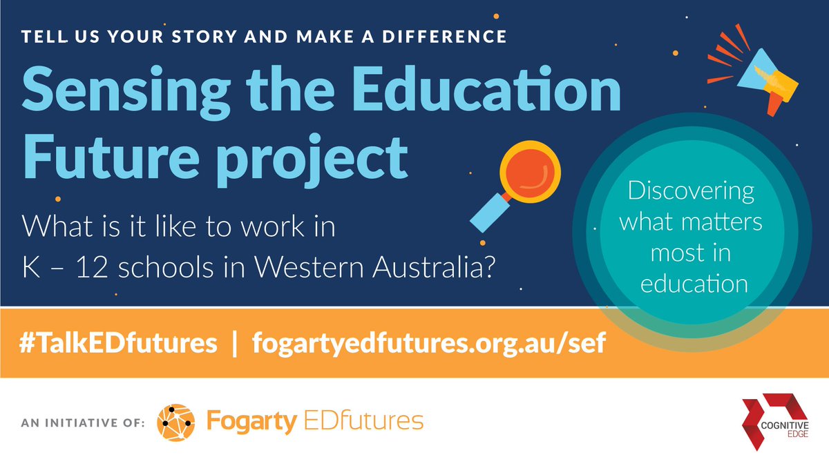 EDfuturesWA's tweet image. EDUCATORS OF WESTERN AUSTRALIA!
Tell us what it&apos;s like to work in K-12 schools in WA. Read about the Sensing the Education Future project and add your story: fogartyedfutures.org.au/sef/ The more people that tell their story, the stronger our message! #TalkEDfutures #WeAreTheSystem