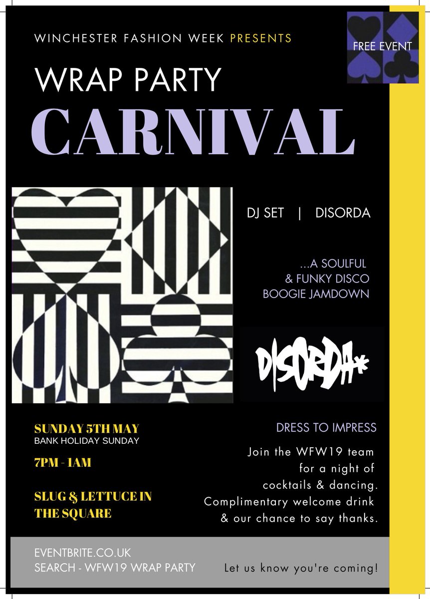 Next Bank Holiday Sunday plans sorted...Come and dance the night away to <a href="/disorda/">disorda</a> @thevinylworkshop Carnival Party ... #WFW19 wrap party <a href="/slugwinchester/">Slug Winchester</a> Sunday 5th May (next bank holiday) Bring it on 🙌🖤 A soulful &amp; funky disco boogie jam down x