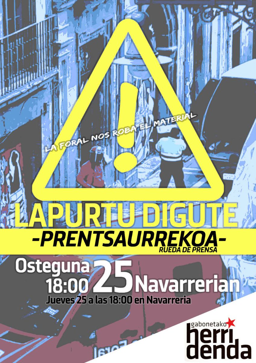 EsparruGTX's tweet photo. Herri dendaren prentsaurrekoa.
*Nafar gobernuak lapurtu digu!*

Ostegunak 25 18etan Nabarrerian

Zabaldu 📲

--------------------------
Rueda de prensa de la herri denda.
*El gobierno de Navarra nos ha robado!*

El jueves 25 a las 18h en Navarreria

Difunde 📲 https://t.co/PrqvWTvO2h