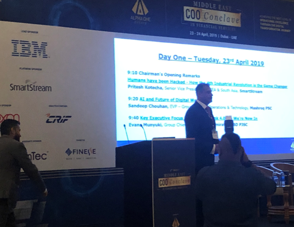 smartstreamhq's tweet photo. Live at the Middle East COO Conclave event #MECOOFS, where @SmartStream_STP SVP Emea, Pritesh Kotecha just delivered the Chairman’s Opening Remarks – ‘Humans have been hacked, how the 4th industrial revolution is the game changer’... https://t.co/Pf6tZeNN56