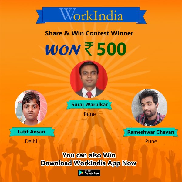 workindiajobs's tweet photo. Our 2nd week winners-
1. Mr. Latif Ansari
2. Mr. Suraj Warulkar
3. Mr. Rameshwar Chavan
Go download WorkIndia app, share with 10 friends and win.
One lucky winner gets Redmi Note 7 Pro.
Click here to download the WorkIndia app- https://t.co/iw2ume1QN6
#WorkIndiaJobs https://t.co/tsQXtSRvm4