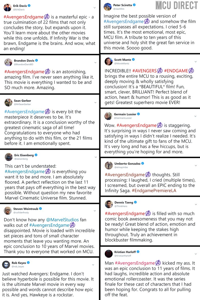 MCU_Direct's tweet photo. The first NON-SPOILER #AvengersEndgame critic reactions are here and nearly all are exceptionally positive, with many praising the film's emotional stakes, grand scope, humor, and action! https://t.co/b35ejfFngS