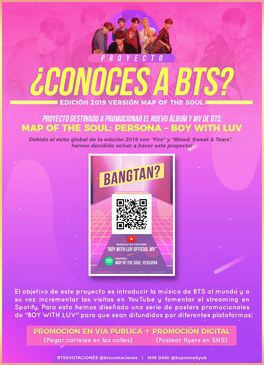 WhoIsBTSProject's tweet image. [ 💌 #WhoIsBTSProject ] ¿CONOCES A BTS? - Edición 2019 &quot;Map of the Soul&quot;

Proyecto destinado a la promoción del nuevo álbum y MV &quot;MOTS: Persona&quot; - &quot;Boy with Luv&quot; de @BTS_twt.

🏁OBJETIVO: Introducir la música de Bangtan al mundo en la vía pública y digitalmente en redes sociales.