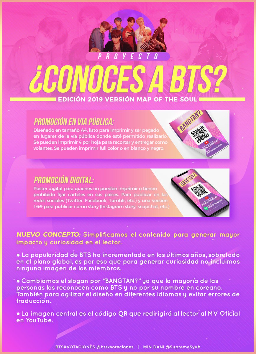 WhoIsBTSProject's tweet image. [ 💌 #WhoIsBTSProject ] ¿CONOCES A BTS? - Edición 2019 &quot;Map of the Soul&quot;

Proyecto destinado a la promoción del nuevo álbum y MV &quot;MOTS: Persona&quot; - &quot;Boy with Luv&quot; de @BTS_twt.

🏁OBJETIVO: Introducir la música de Bangtan al mundo en la vía pública y digitalmente en redes sociales.