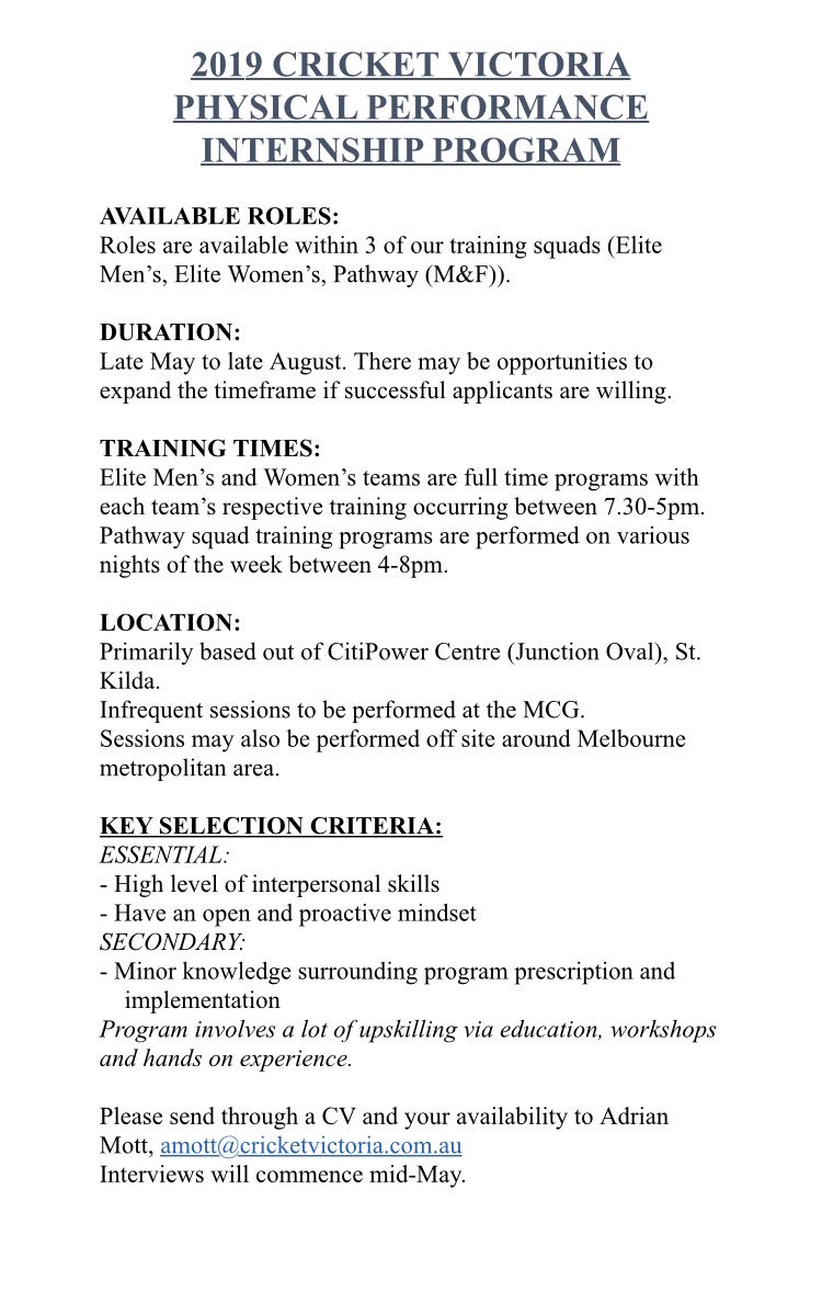 Adrian_Mott's tweet photo. Currently seeking applications for the Cricket Victoria Physical Performance Internship. https://t.co/e8PG66fkxS