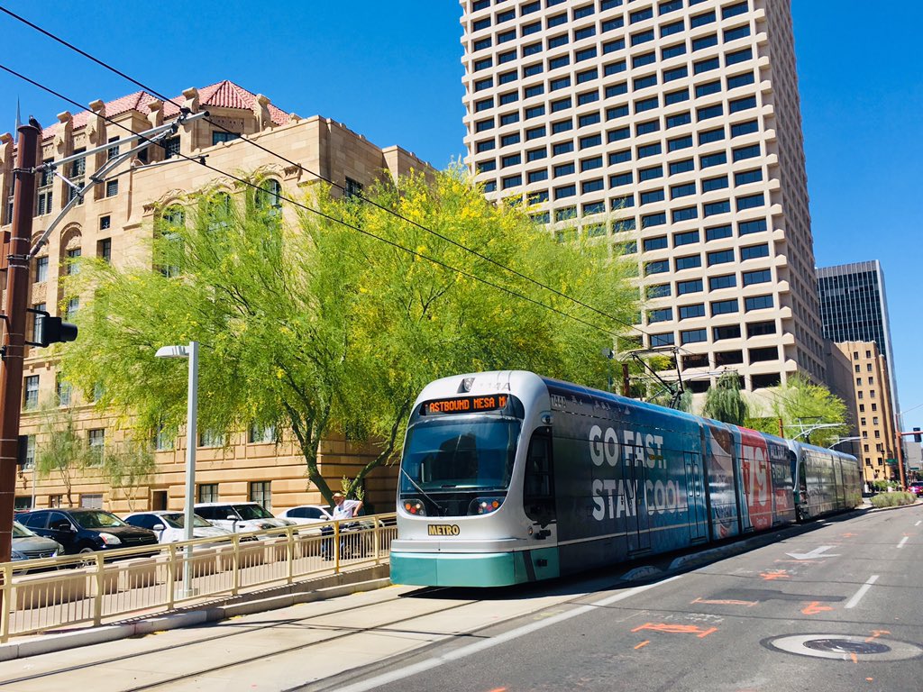 clairemacyeg's tweet photo. Downtown Phoenix Ambassador explained that 20 years ago the #dtphx hotels and businesses began a concerted effort to bring their abandonned downtown back to life. Mission accomplished!
#Phoenix #Ambassadors #LimeBikes #Tram #Wayfinding #Placemaking #CleanSidewalks https://t.co/6kDNpyZl7K