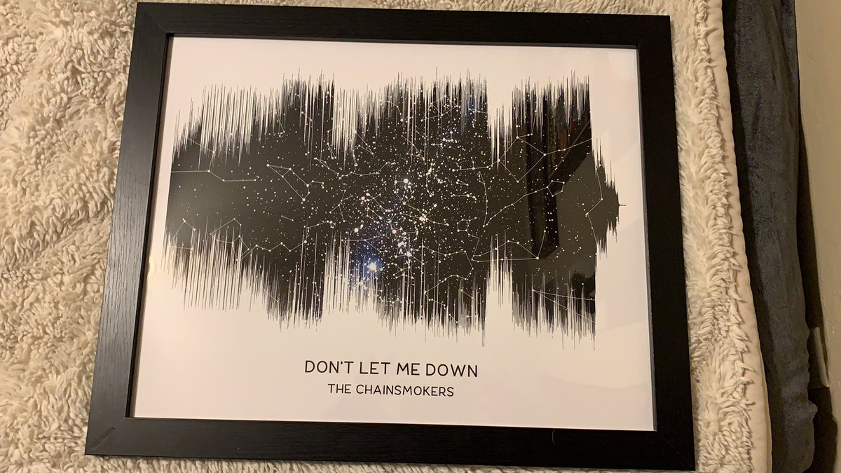 befreezy1's tweet photo. So for my birthday one of my best friends got me a soundwave photo of my favorite song Don’t Let Me Down by @TheChainsmokers and the background is the constellation of the stars on the date of my birth and its so beautiful i cried https://t.co/CLvdwhoNyk