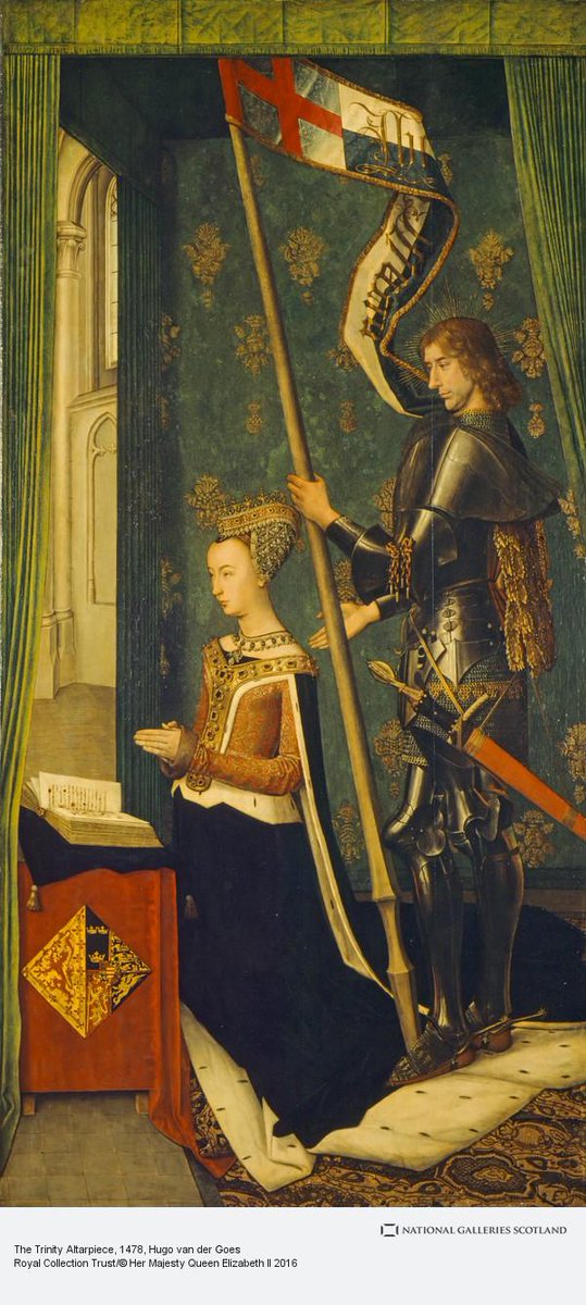 Margaret of Denmark, queen of King James the Third of Scotland, depicted on tge Trinity Altarpiece, which was painted around 1479. Margaret is kneeling in prayer, attended by St George