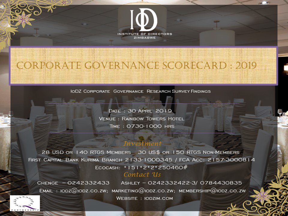 IOD_Zimbabwe's tweet photo. IoDZ invites you to Corporate Governance Scorecard Breakfast on the 30 April 2019 https://t.co/RdtQBMYWA9