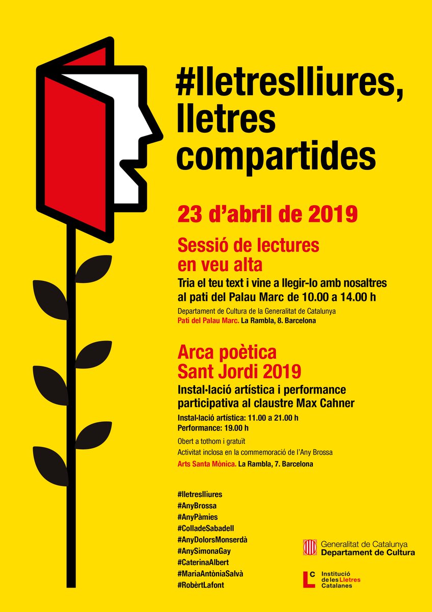 cultura_cat's tweet photo. 📚🌹🐉 Bona Diada de #SantJordi2019 a tothom! Recordeu que aquest matí obrim les portes del #PalauMarc als ciutadans per participar al cicle de lectures en veu alta #Lletreslliures, lletres compartides". Us hi esperem! @lletres @bibliotequescat @llenguacatalana @IRLlull https://t.co/uVUBga6XmB