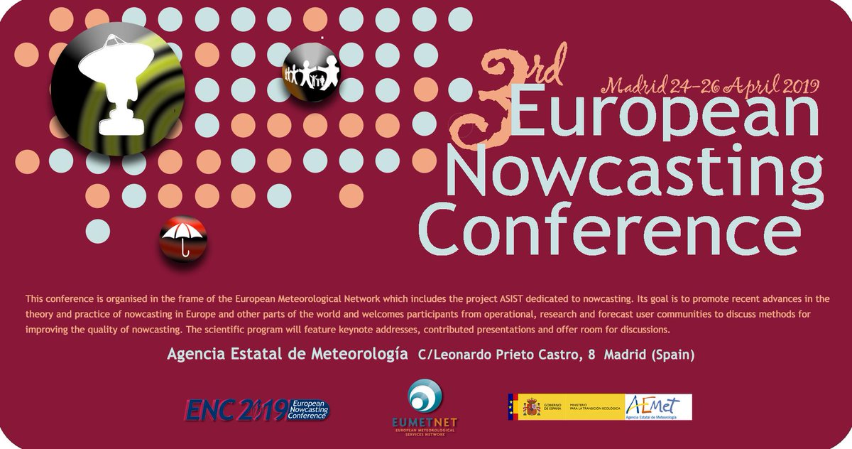 AEMET_Esp's tweet photo. La 3º Conferencia Europea de Nowcasting tendrá lugar en la sede de AEMET los días 24 a 26 de abril. #ENC2019Nowcasting
Podrás seguir la transmisión en directo en nuestro canal de @YouTube 📺
https://t.co/x6jPgkRUzi
Las ponencias serán en inglés🇬🇧
+ info👉https://t.co/6Np2AJnfxm https://t.co/gkmAw7NRgX