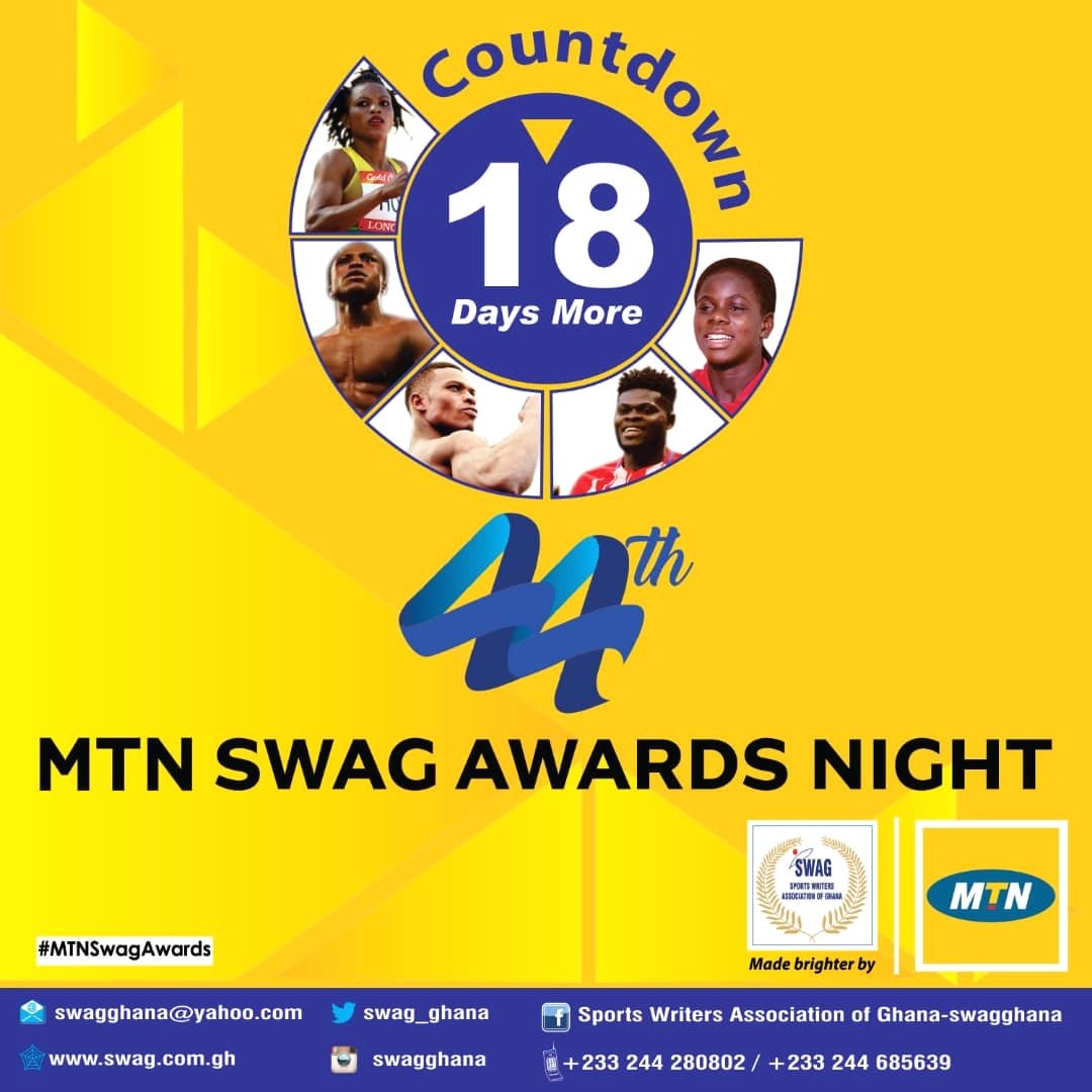 SWAG_Ghana's tweet photo. Still counting down to the day every Ghanaian athlete looks forward to...
It's  18 days away from the 44th edition of the @MTNGhana-SWAG Awards 
#countdown #May11th #MTNSwagAwards #Honouringsportsexcellence  #Funfieldnight #AICC
#Swagat50
#WeDey4U https://t.co/c4mQw55qwD
