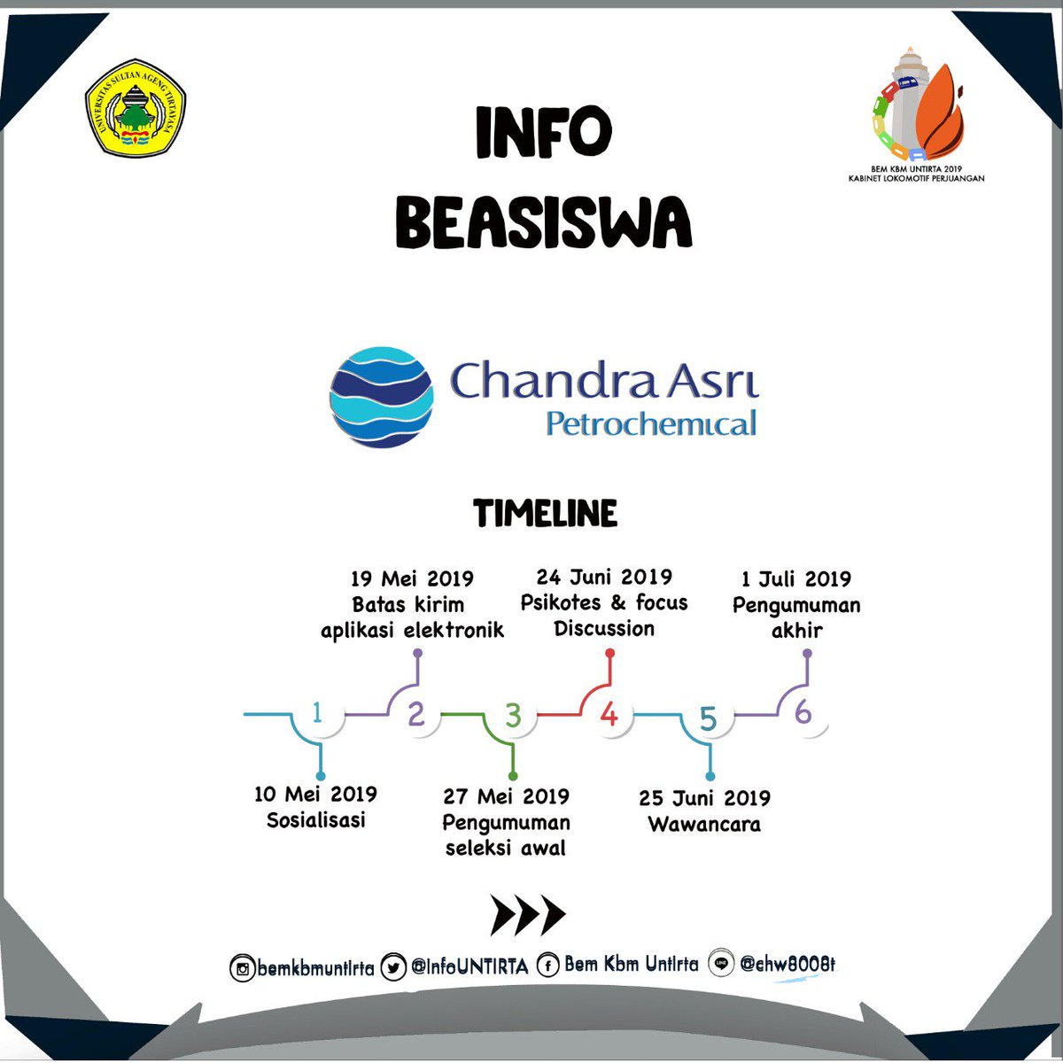 [INFO BEASISWA PT Chandra Asri]

Hallo Tirtayasa muda!

Ada berita bagus buat kalian pejuang beasiswa
kini hadir beasiswa 
beasiswa PT. Chandra Asri 
Beasiswa ini diperuntukan untuk mahasiswa untirta, semua jurusan.
instagram.com/p/Bwj8X9VjaAy/…
#BEMKBMUNTIRTA2019
#LOKOMOTIFPERJUANGAN