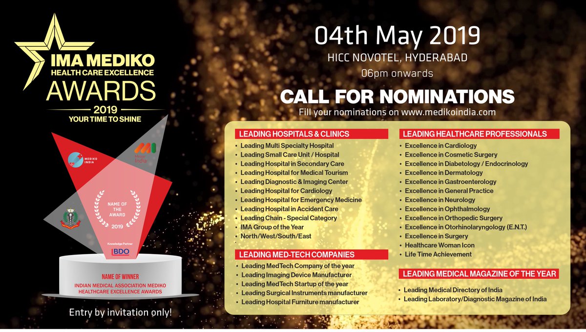 Messe India (@messeindia) on Twitter photo IMA MEDIKO, healthcare excellence awards 2019, its your time to shine, call for nominations, for 4th May 2019 <a href="/HICC/">Angie R. Smith</a>, Novotel, Hyderabad.
Fill your nominations @ medikoindia.com IMA MEDIKO, healthcare excellence awards 2019, its your time to shine, call for nominations, for 4th May 2019 <a href="/HICC/">Angie R. Smith</a>, Novotel, Hyderabad.
Fill your nominations @ medikoindia.com