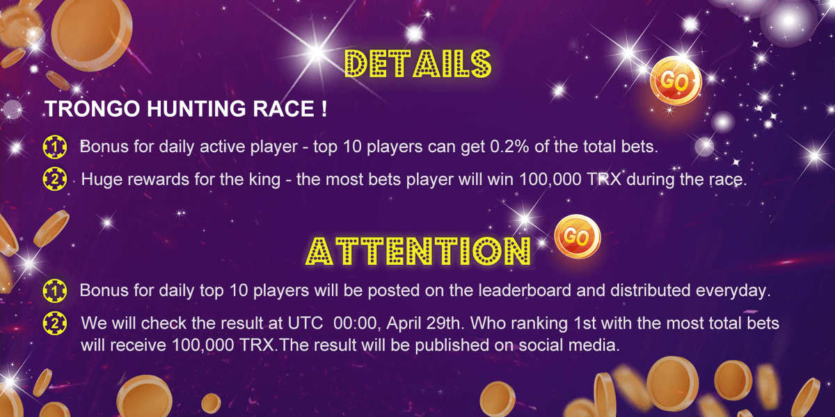 Trongo_official's tweet photo. 🔥#Trongo Hunting race start!Searching for the King!
Bet now👉https://t.co/CxS6CqCCt1
🎉Surprise #bonus! #Airdrop celebration!
📢Follow& Retweet & Tag 3 friends,comment your TRX address to receive 50 GO in 7 days! 5 lucky guys will get 100 TRX.
#TRON #Crypto #Hashtag #casino https://t.co/Mw91L40jgo