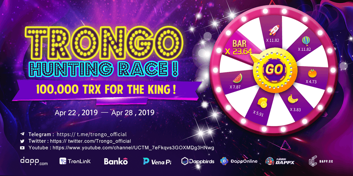 Trongo_official's tweet photo. 🔥#Trongo Hunting race start!Searching for the King!
Bet now👉https://t.co/CxS6CqCCt1
🎉Surprise #bonus! #Airdrop celebration!
📢Follow& Retweet & Tag 3 friends,comment your TRX address to receive 50 GO in 7 days! 5 lucky guys will get 100 TRX.
#TRON #Crypto #Hashtag #casino https://t.co/Mw91L40jgo