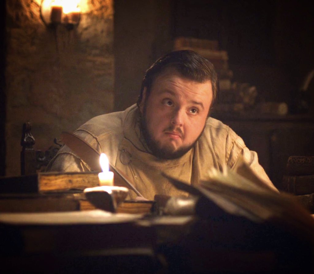 This is Samwell 
Sam reads books, 
Cures fictional diseases 
And proves Snow genealogy 
Sam proves that the mind 
Is mightier than wildfire
Sam uses libraries 
Be like Sam 

#Tuesdaythoughts #GameOfThrones