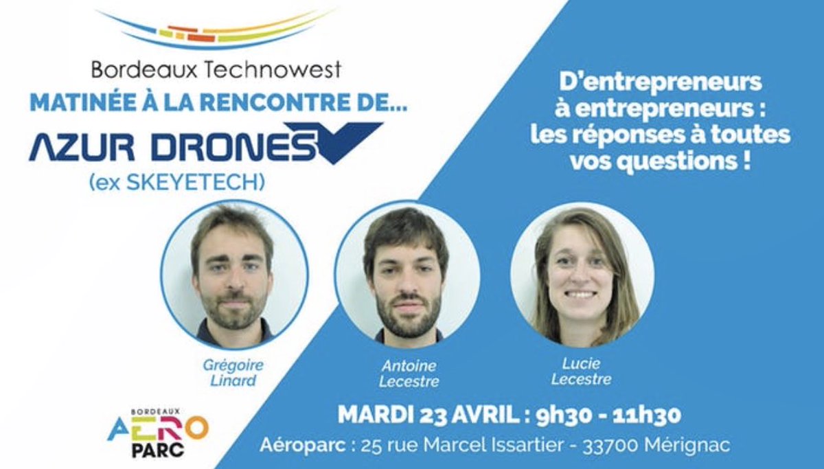 Bdx_Technowest's tweet photo. 🚀👏 1 an après, retour à l’#AeroparcBTW, aux sources du succès pour les fondateurs de #skeyetech qui ont rejoint @AzurDrones. Au programme, un échange d’entrepreneurs à entrepreneurs ! #retex #tips https://t.co/G8TMVo6eoB