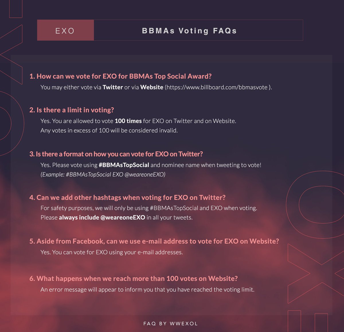 WWEXOL's tweet photo. [!] VOTING HASHTAG FOR BBMAs

❎ BBMAsTopSocialEXO
❎ BBMAsTopSociaI (upper case i)
☑️ #BBMAsTopSocial EXO @weareoneEXO

Please be careful and vote happily for our boys! ❤️ https://t.co/duhQr5ZjSo