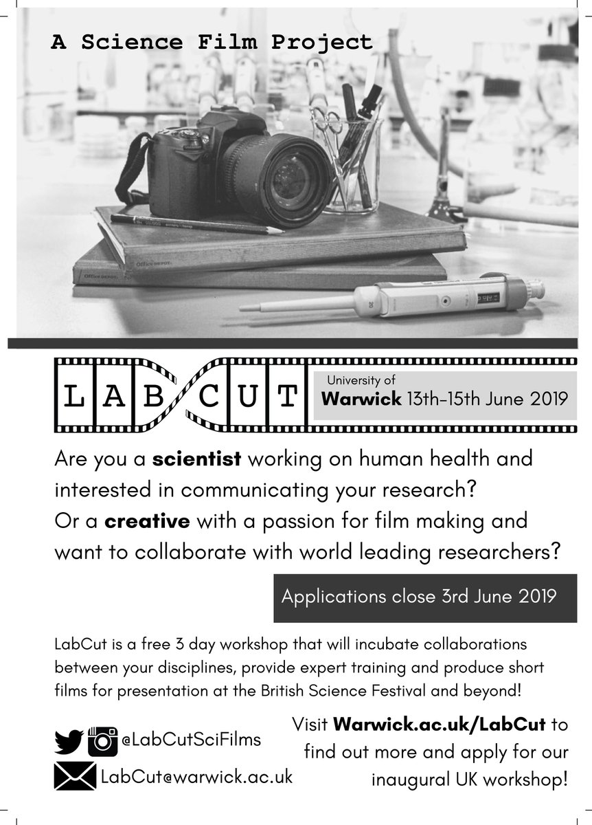 LabCutSciFilms's tweet image. Do you have a passion for films and science?

APPLY NOW to create short films related with human health and communicate the science behind the research labs in #LabCut Science Film WS in @warwickuni. Screening/competition at @BritishSciFest in September! #scicomm #sciart #scifilm